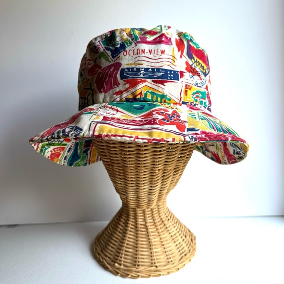 Vintage Liz Claiborne Retro Beach Postcard Print Bucket Hat 1994 - Picture 4 of 10